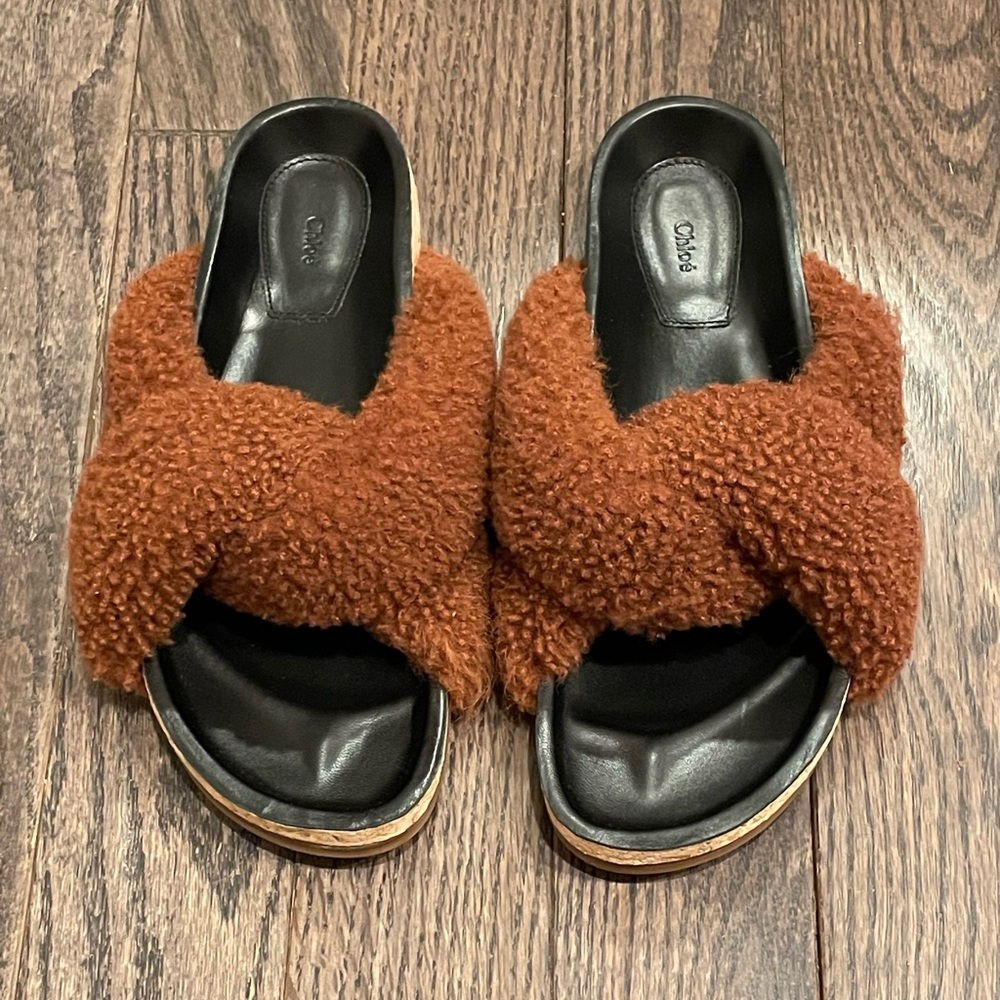 CHLOE Shearling Fur Flat Slide Sandals 100% Authentic!